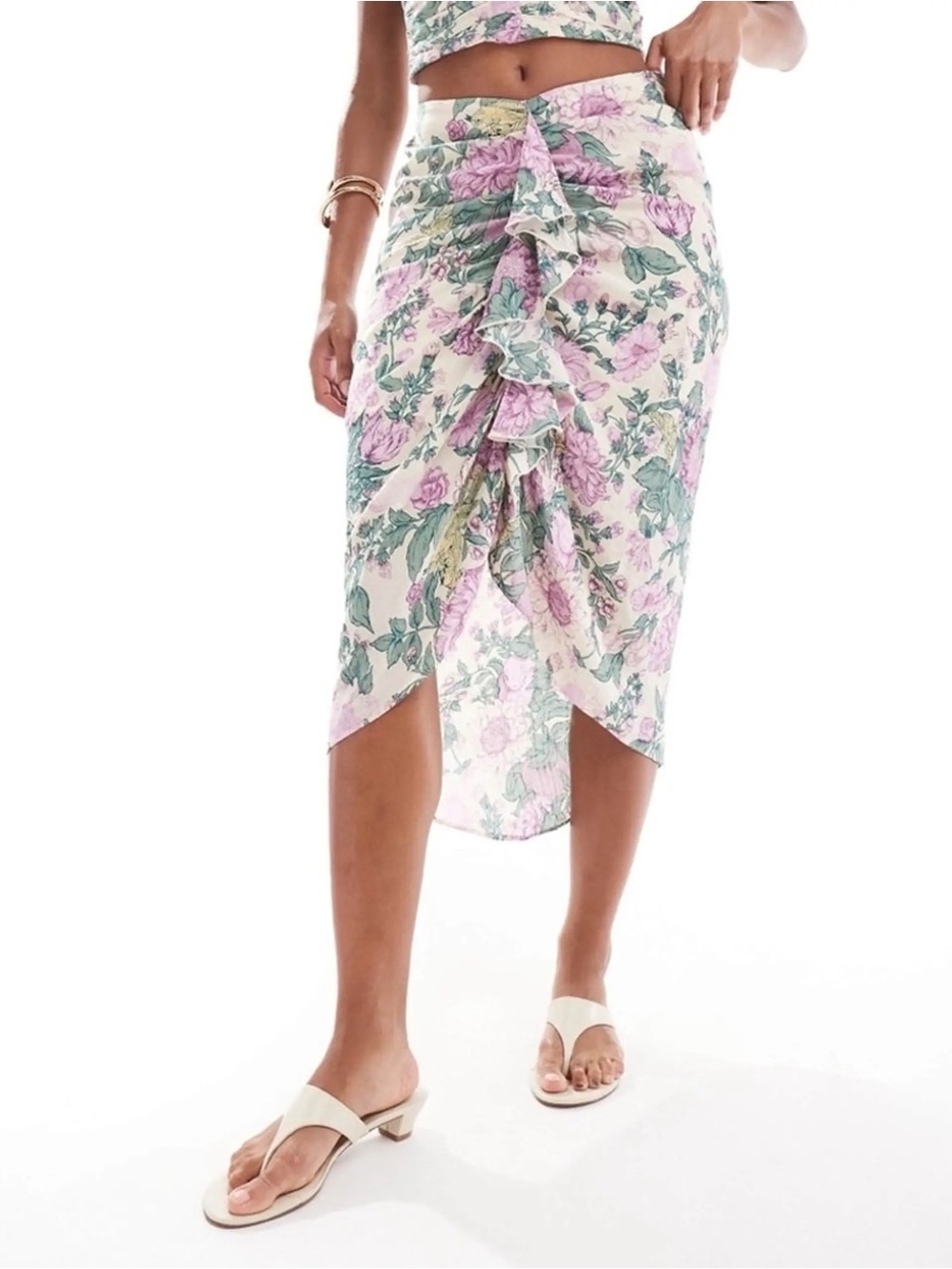 Abercrombie & Fitch Floral Ruffle Midi Skirt in Pink and Green